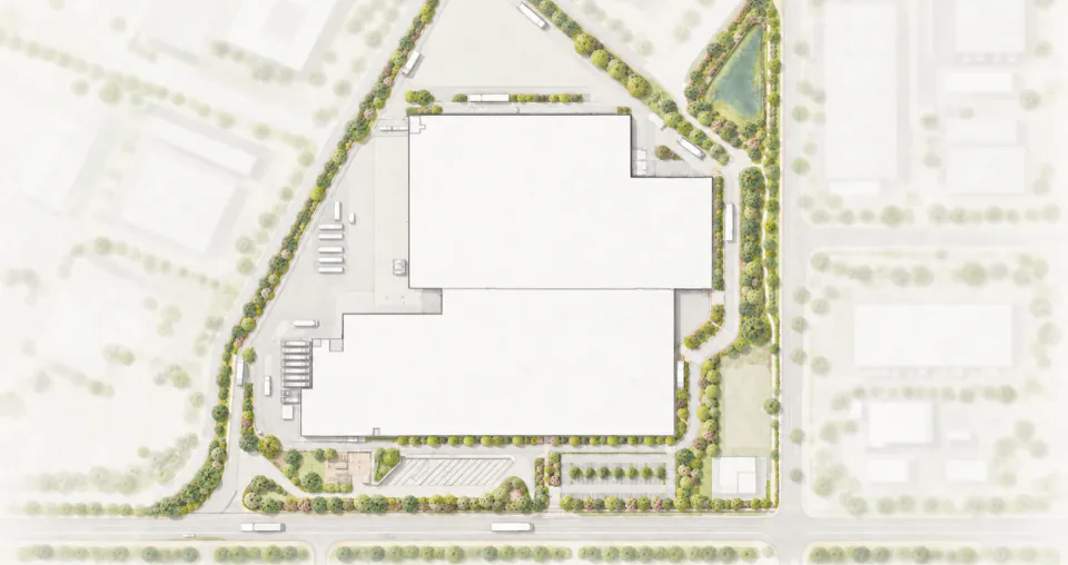 Landscape plan of the brewery site with the planted buffer, footpath and retention ponds