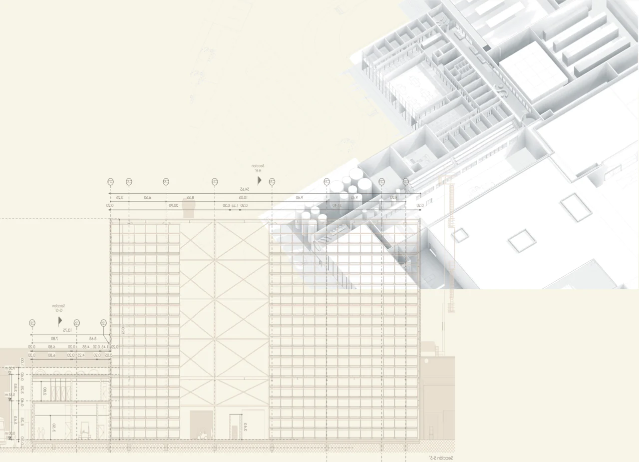 Elevation of the production tower and axonometric view of the complex