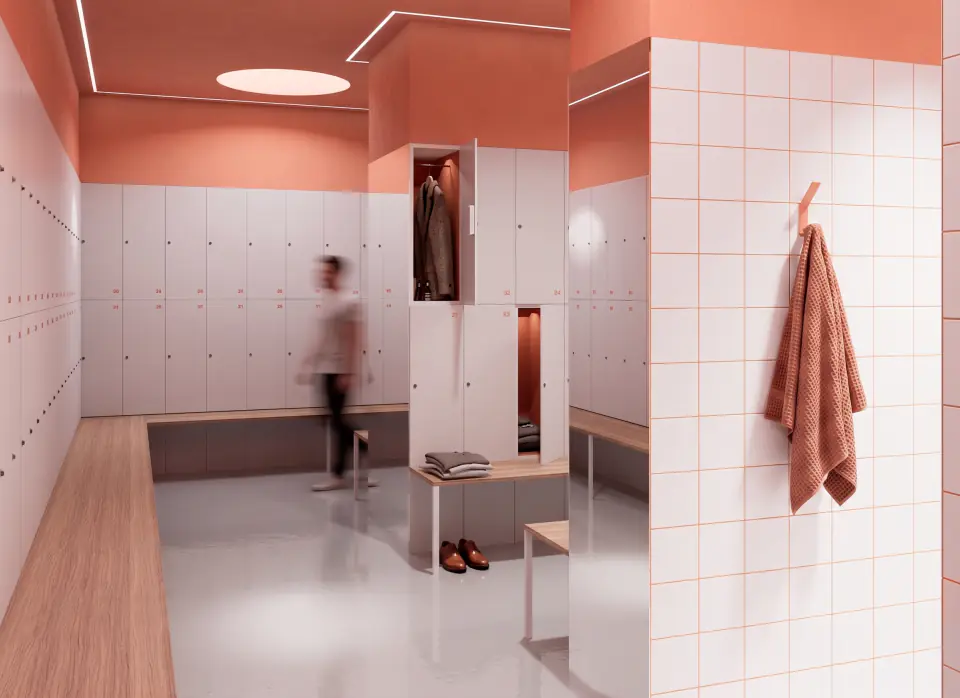 Changing room with terracotta ceiling and white tiles