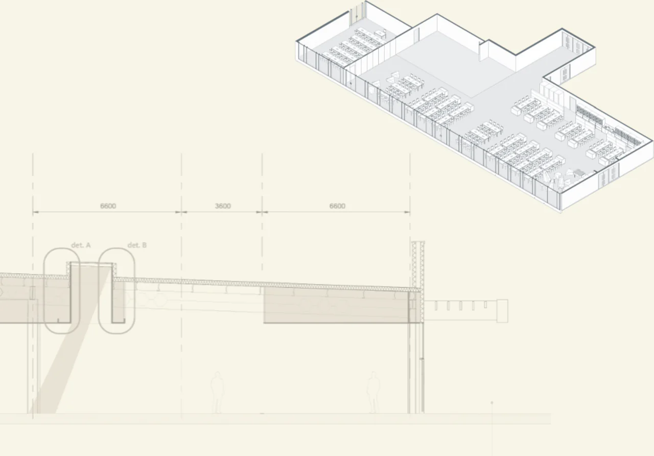Construction detail section and axonometric view of the office block
