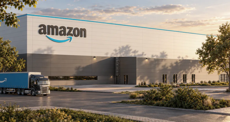 Amazon fulfilment building façade at sunset with a truck in the foreground