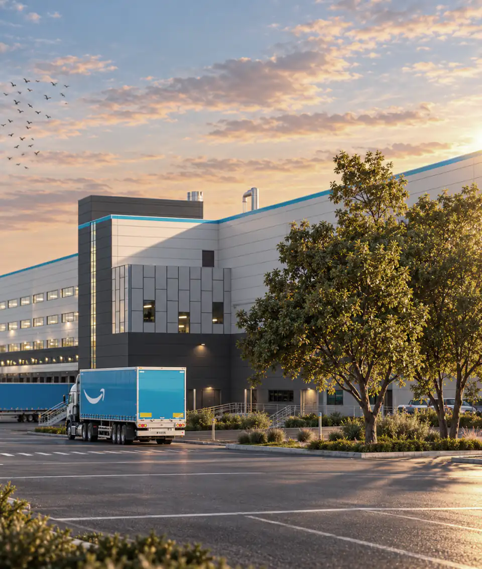 Logistics building and landscaped car park at sunset