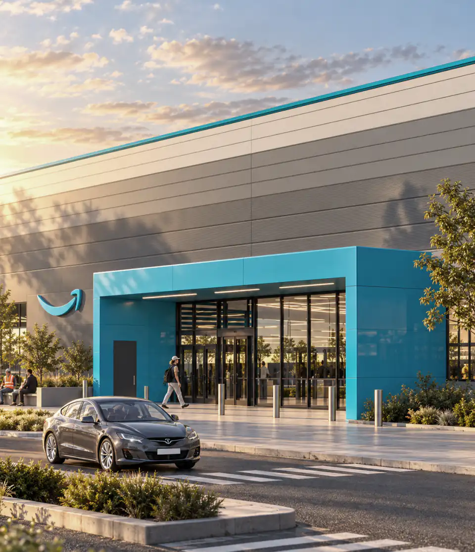Main entrance under a blue canopy