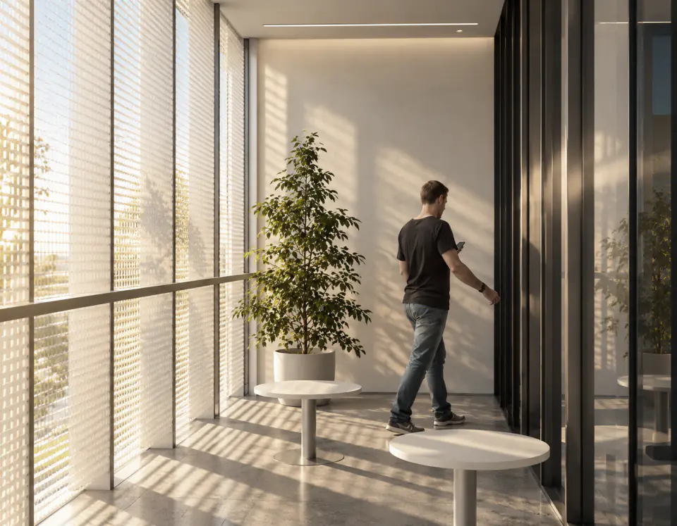 Glazed corridor with planting