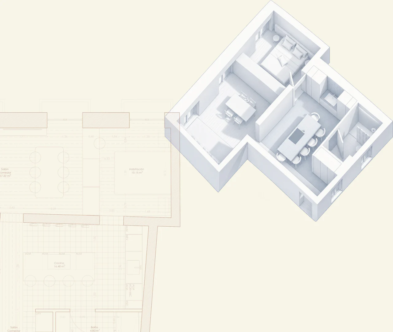 Floor plan and axonometric view of the apartment