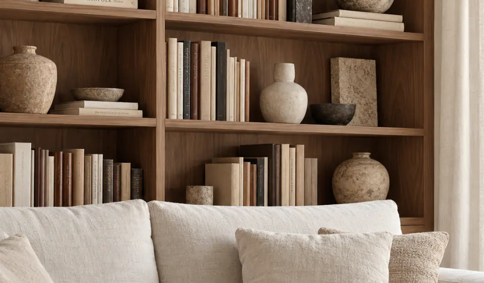 Built-in timber shelving above a cream sofa