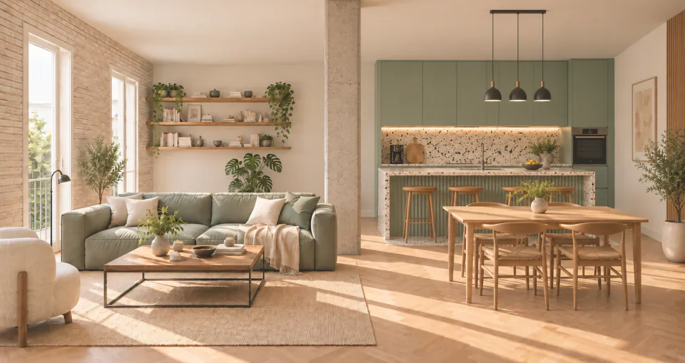 Open living, dining and kitchen area with a green sofa, oak table and sage-green kitchen