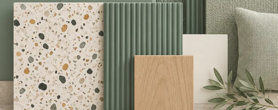 Material board: terrazzo, green fluted panels, oak and textured fabric