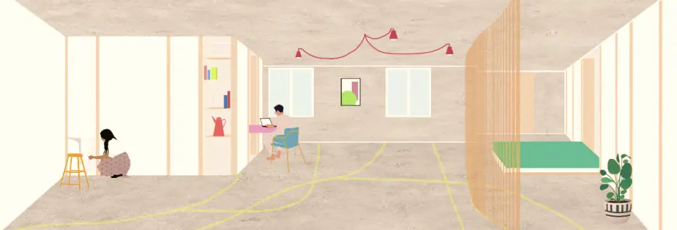 Illustrated section of the flexible central area with movable partitions