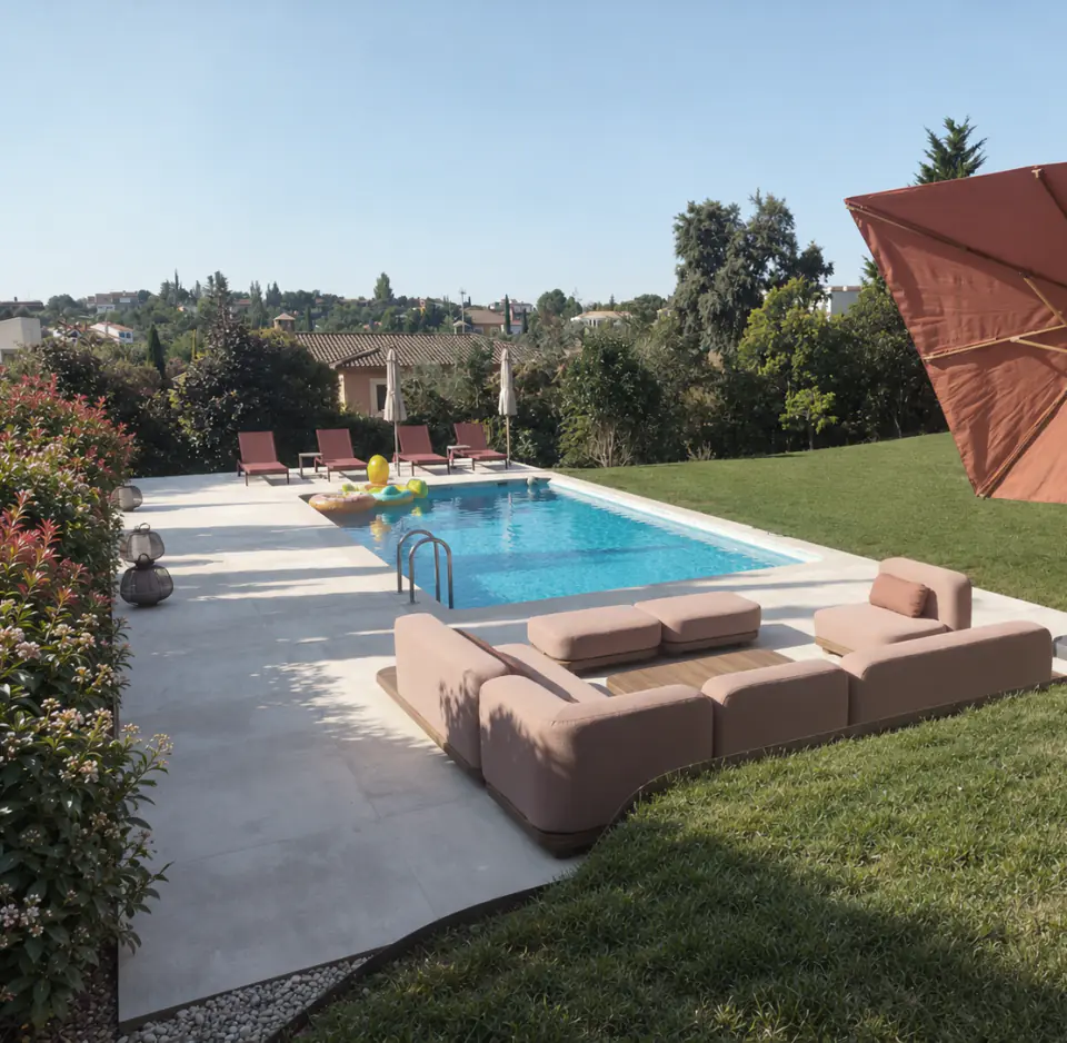Enlarged swimming pool with outdoor seating