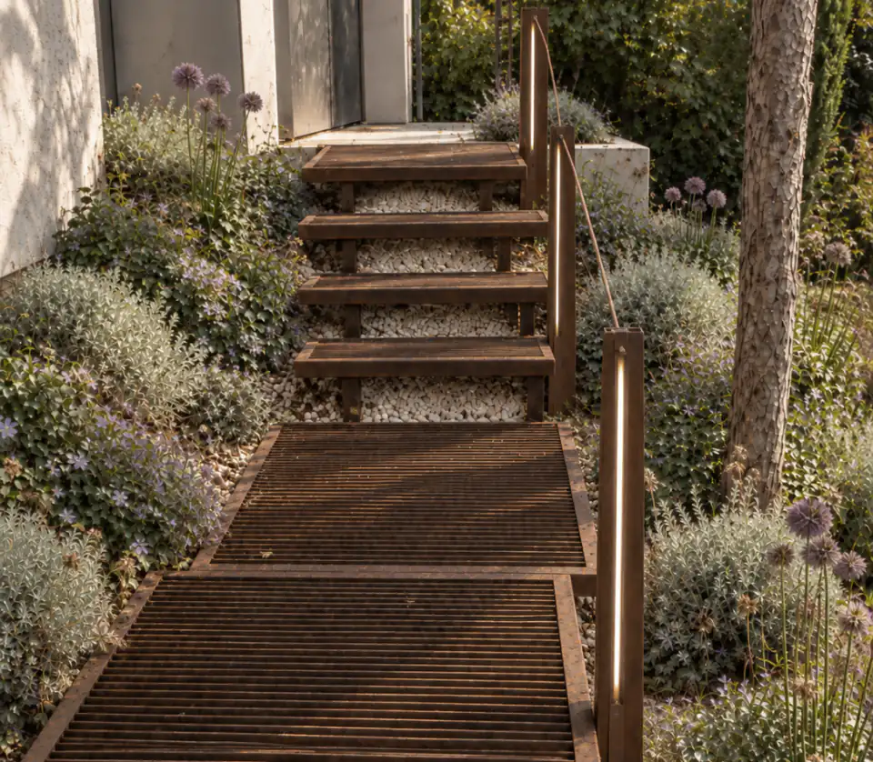 Corten steel staircase with integrated lighting