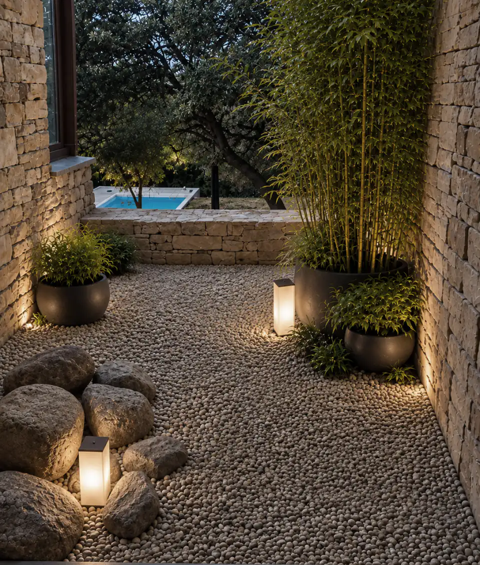 Fire pit area lit at dusk