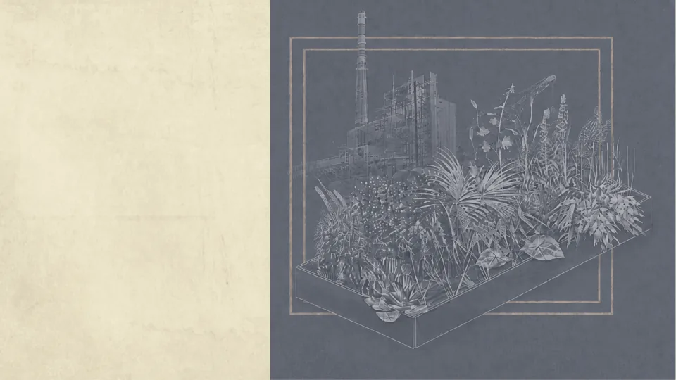 Isometric drawing of a planted bed in front of an old power station, inside a rose-gold double frame