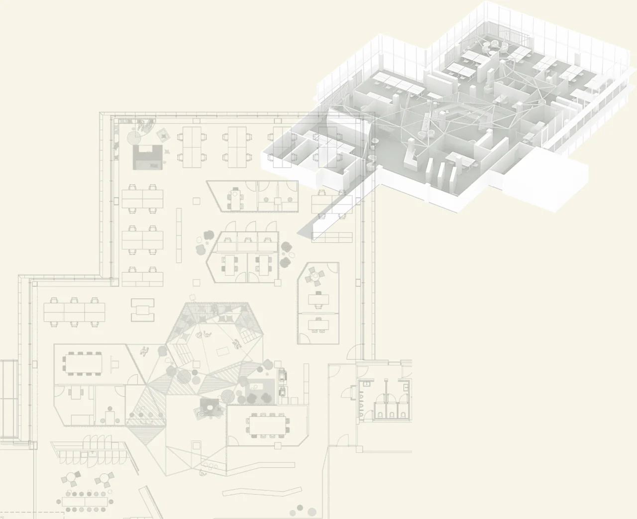 Floor plan and axonometric view of the office floor