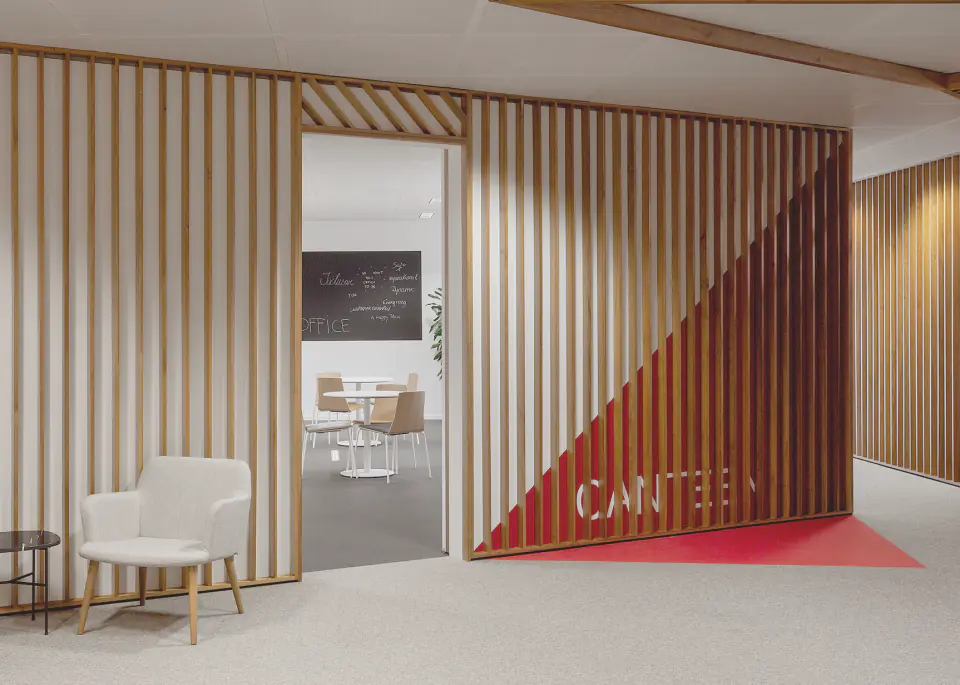 Canteen entrance framed by timber slats