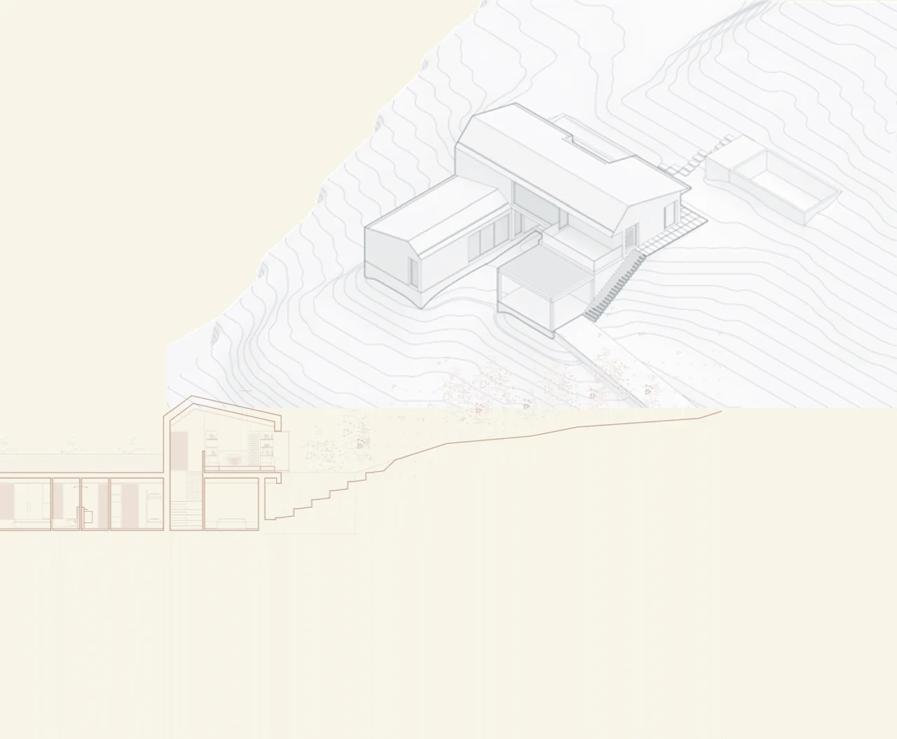 Site section and axonometric view of the house on the slope