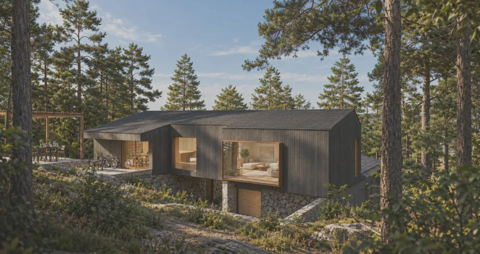 Render of the timber-clad house stepping down a slope among pine trees