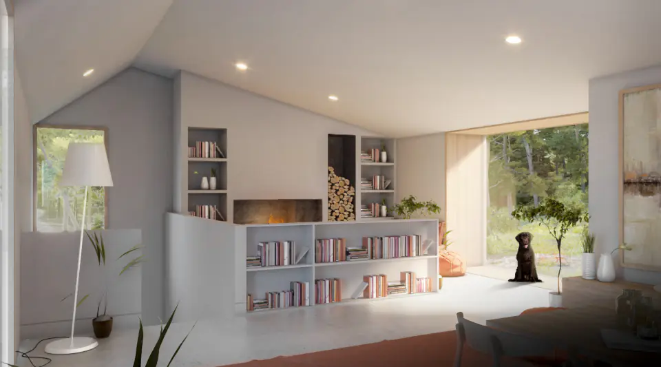 Living room with built-in bookshelves and a large window to the forest