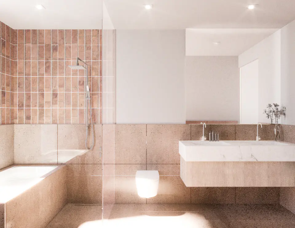 Bathroom finished in pink tiles