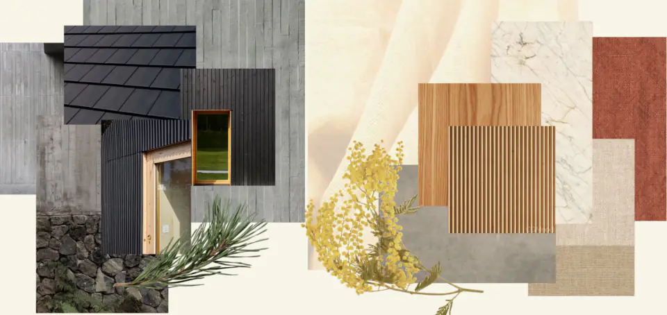 Material board: dark timber cladding, slate, stone, light oak and terracotta