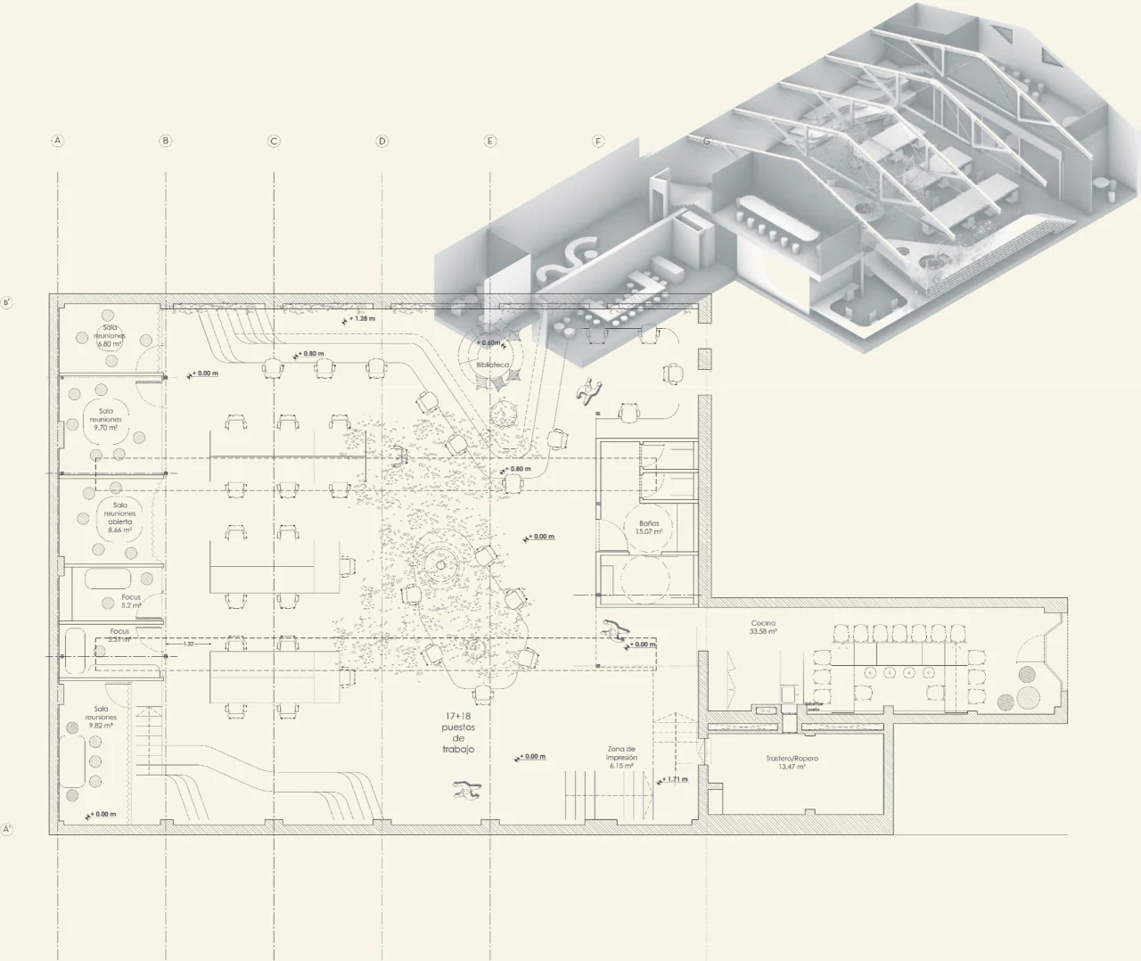 Floor plan and axonometric view of the refurbished warehouse office