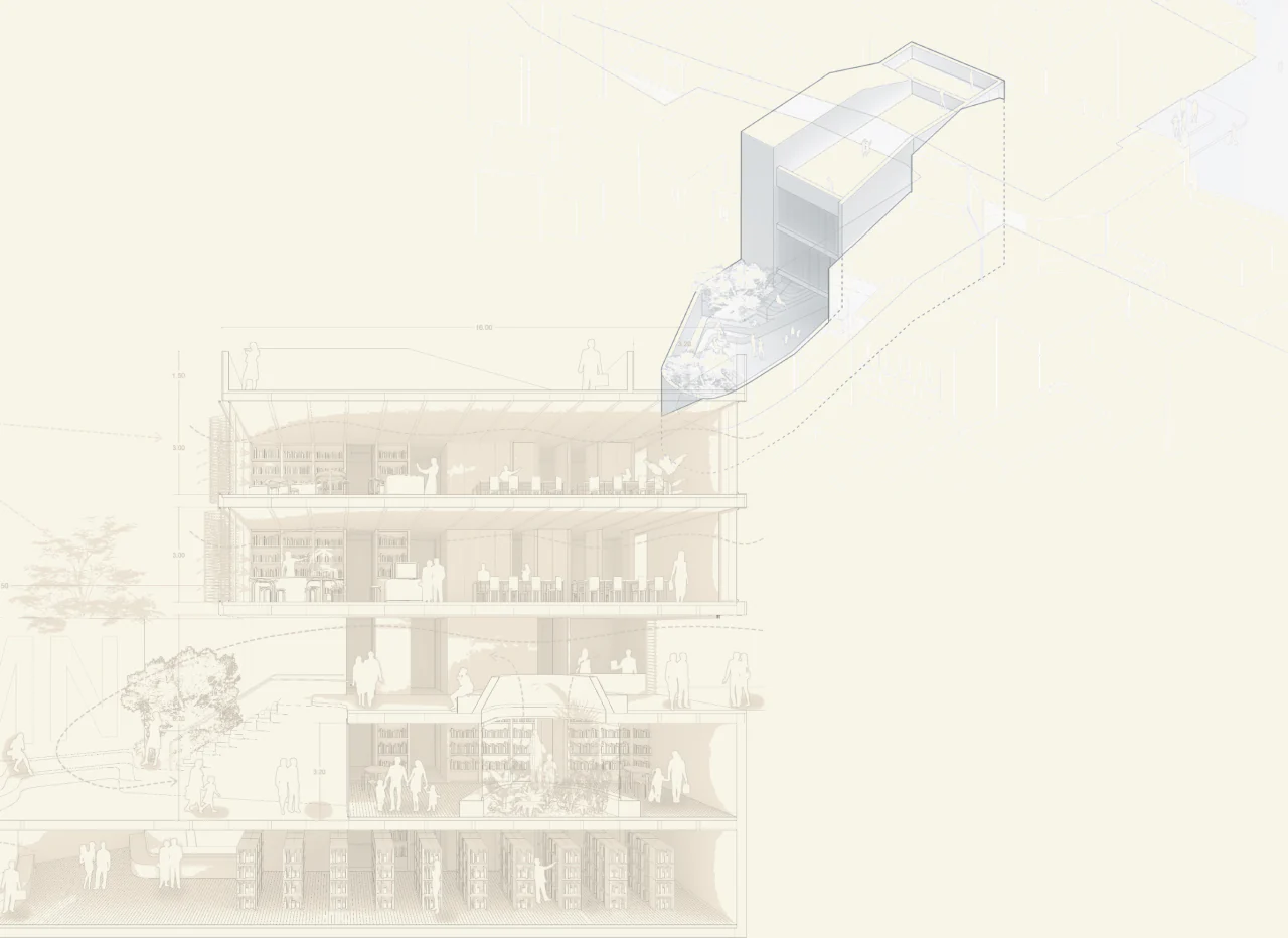Section through the library and axonometric view within the old town