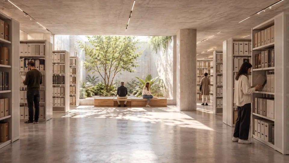 Library interior opening onto a planted courtyard