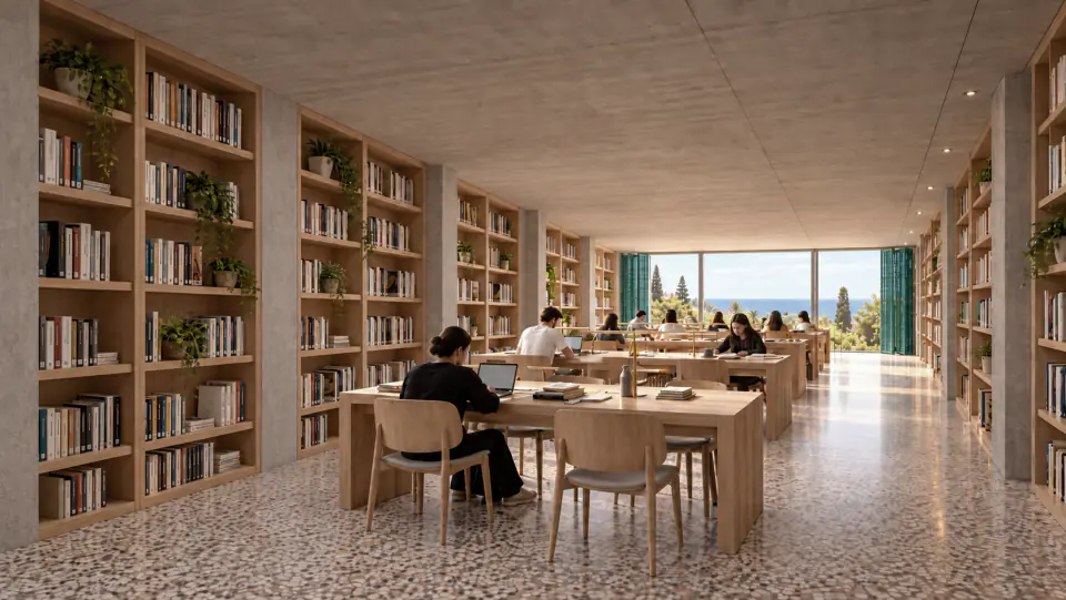 Reading room with timber bookshelves and a view of the sea