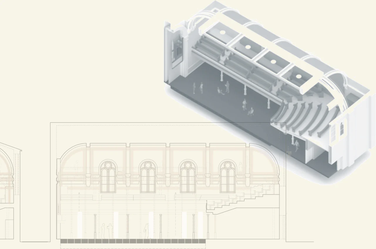 Longitudinal section and axonometric cutaway of the church