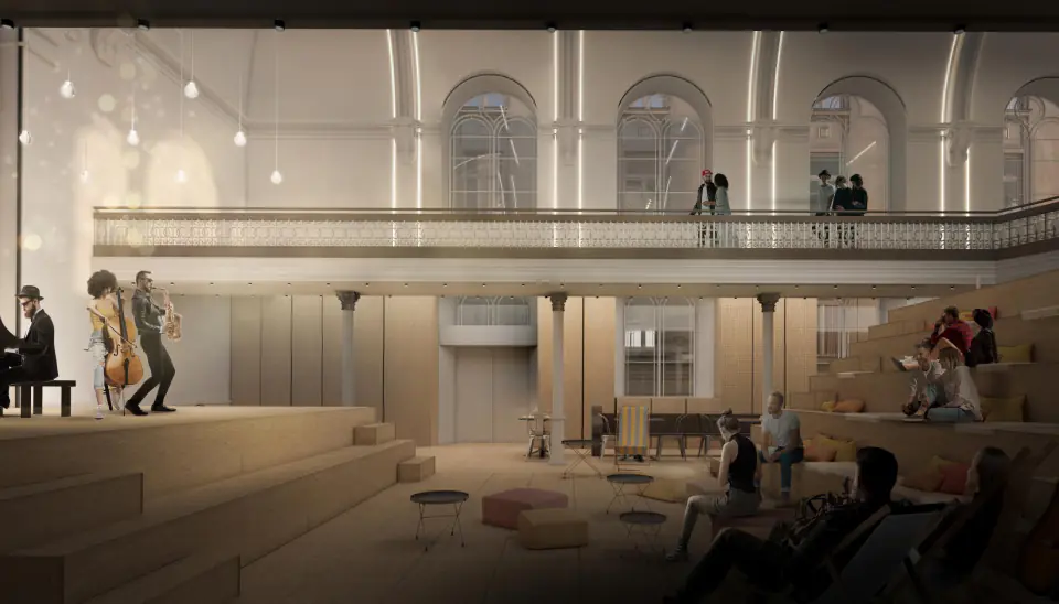 Stage beneath the gallery with musicians performing