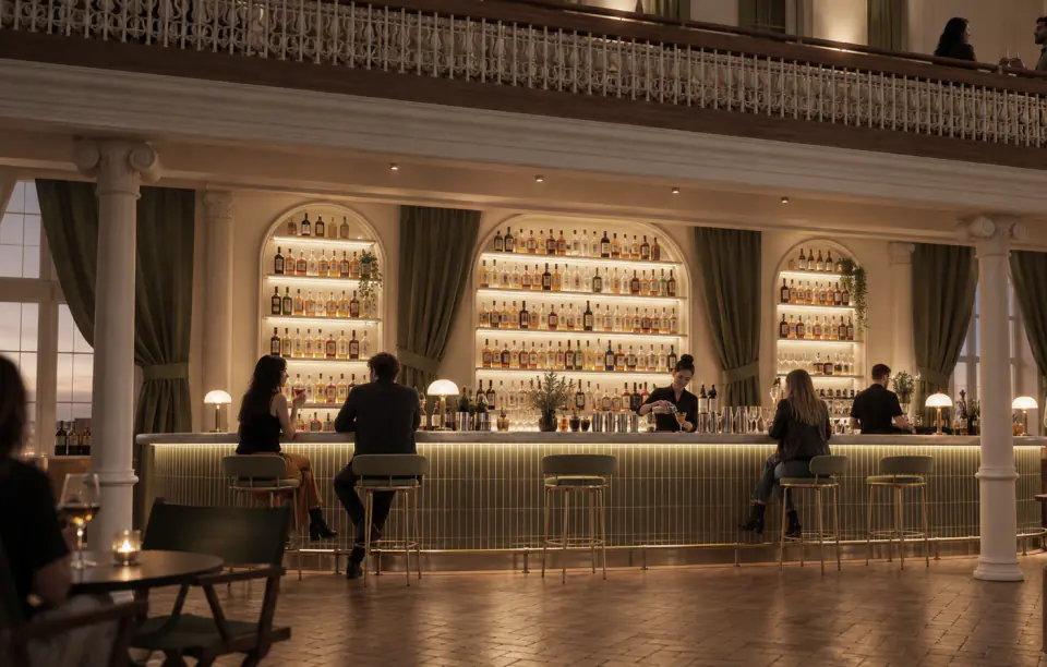 Bar with backlit shelves under the gallery