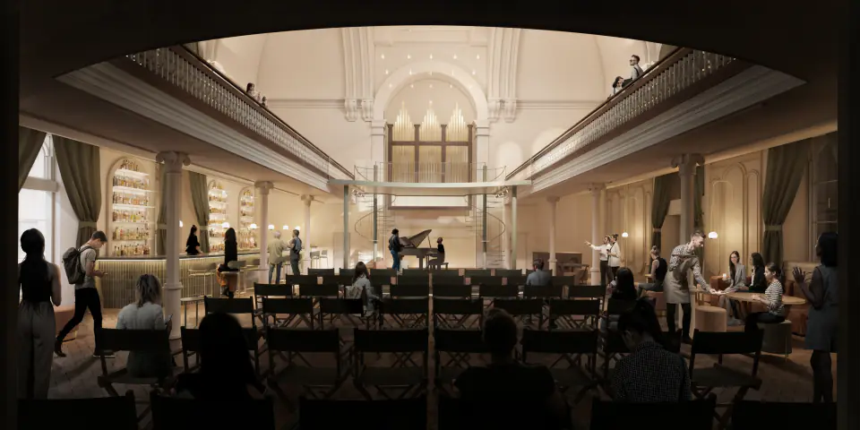 The nave set with tables, seen from the gallery