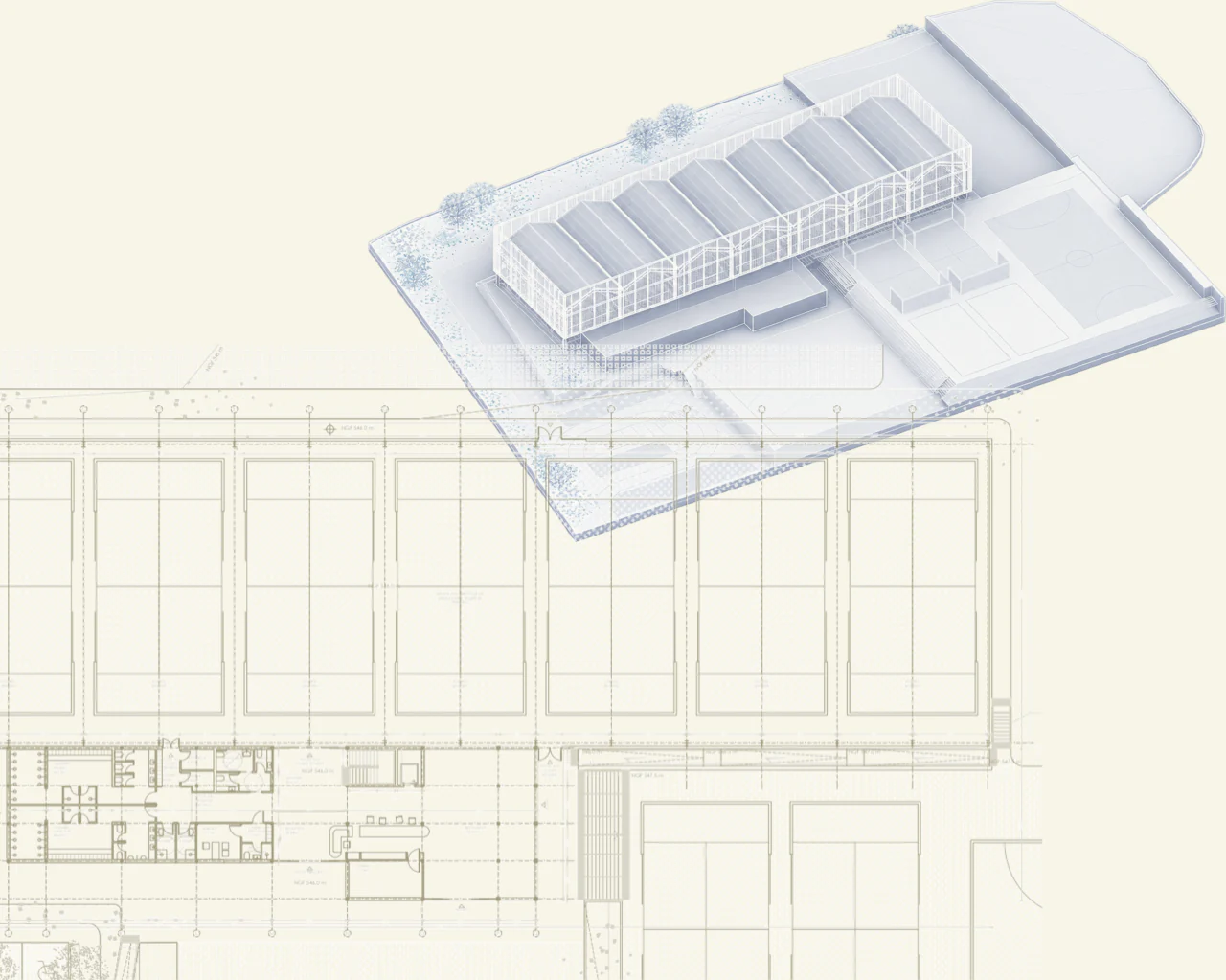 Floor plan and axonometric view of the complex