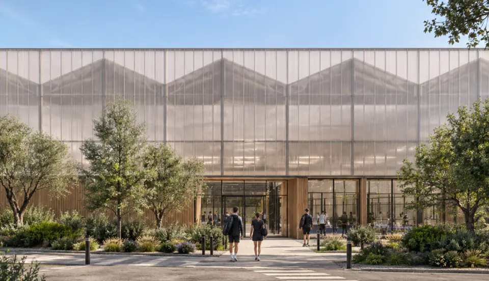 Polycarbonate façade under pitched roofs