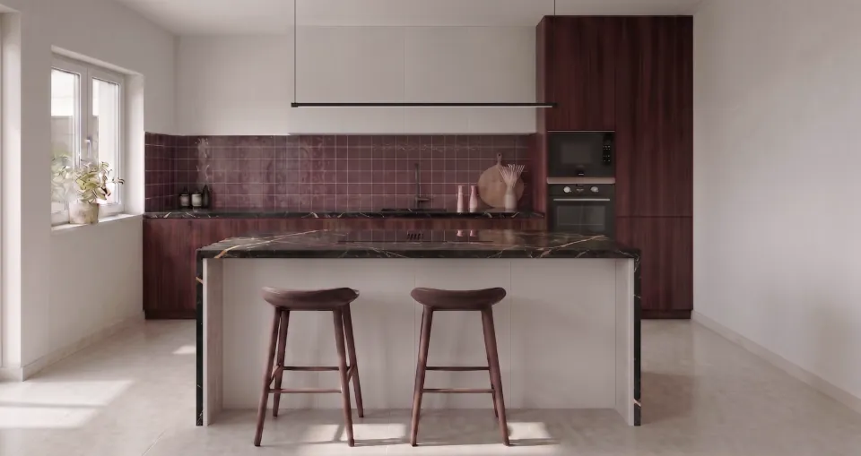 Kitchen with cherry-red tiles, dark wood units and a black marble island with stools