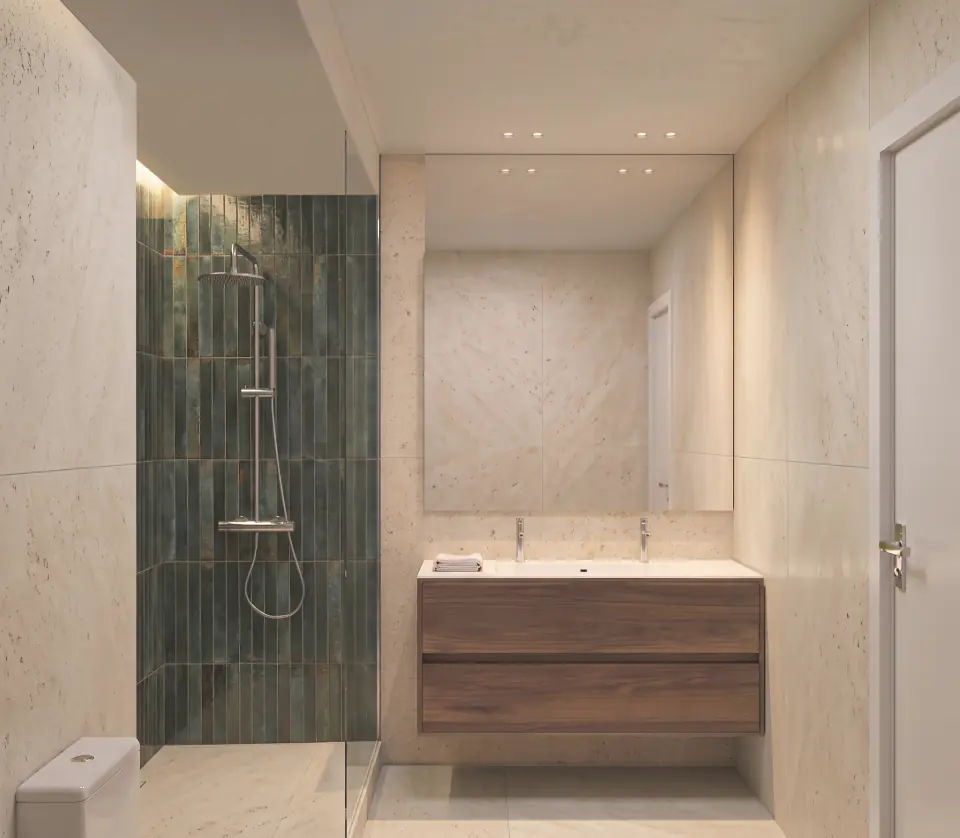 Shower lined with green tiles