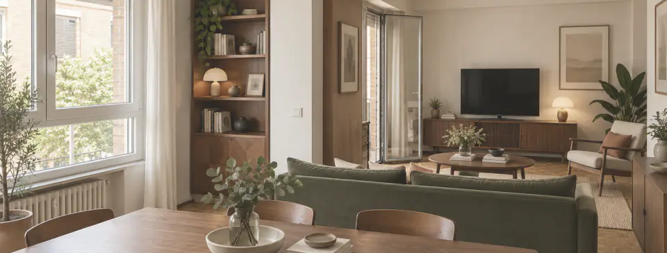 Living room with an olive-green sofa and timber shelving