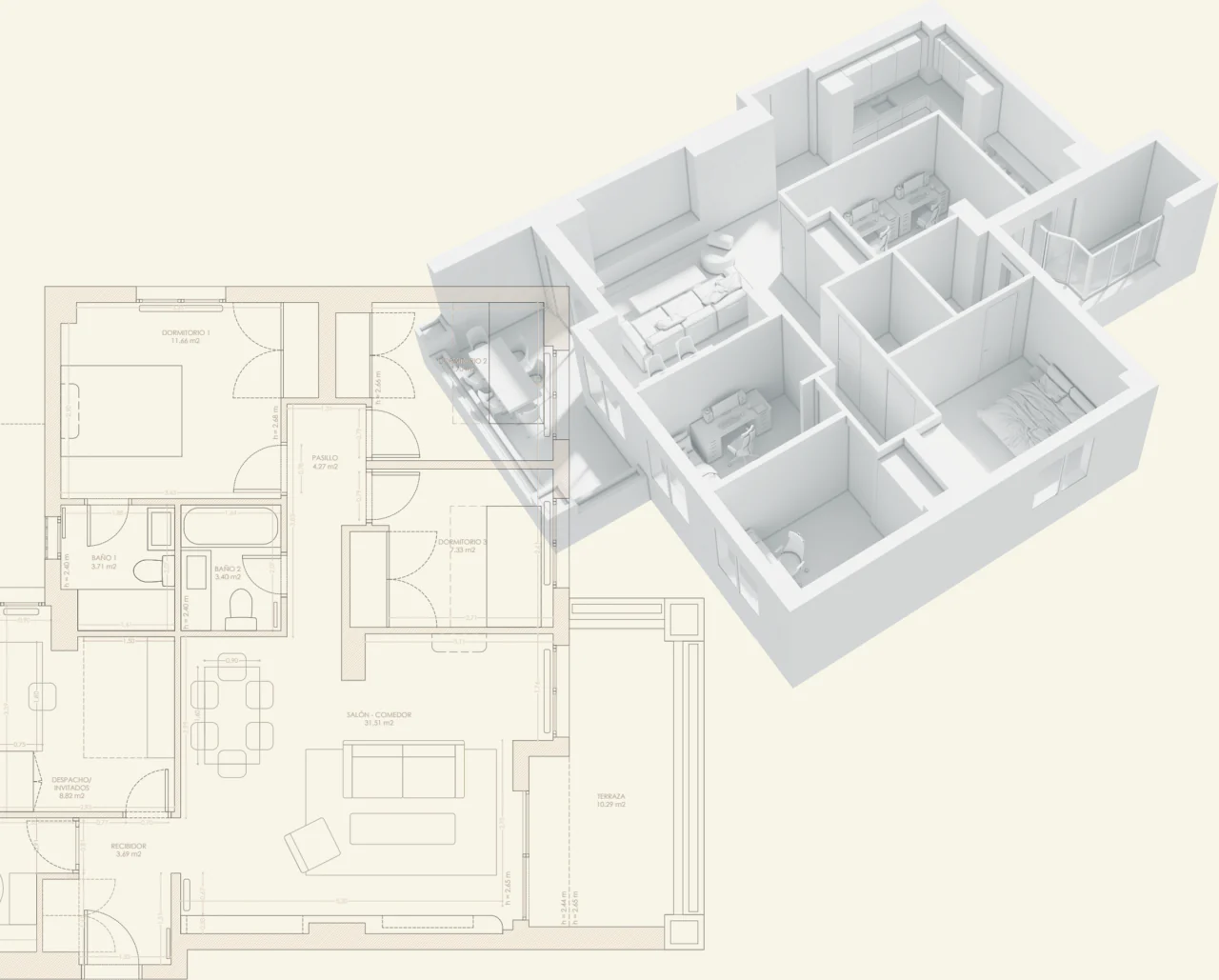 Floor plan and axonometric view of the apartment
