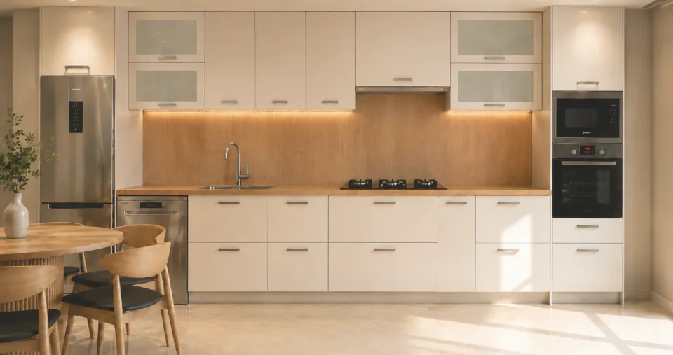 Cream kitchen with warm lighting under the wall units, and a round oak dining table