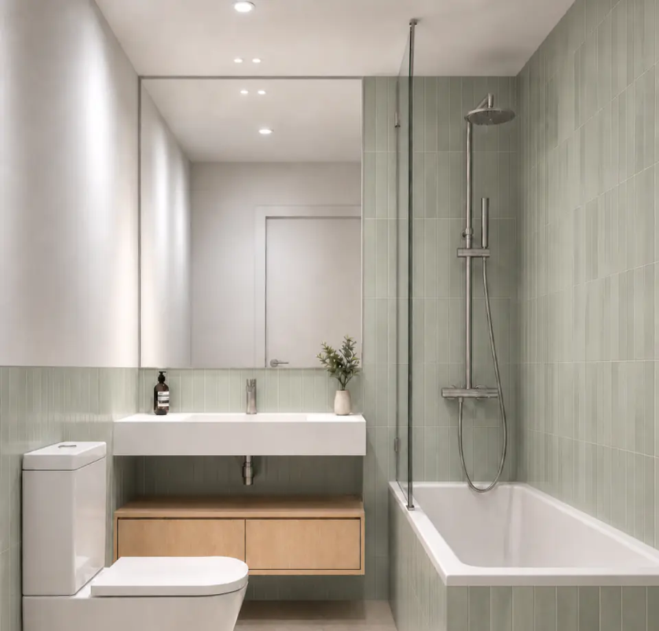 Bathroom with sage-green tiles and a glass shower screen