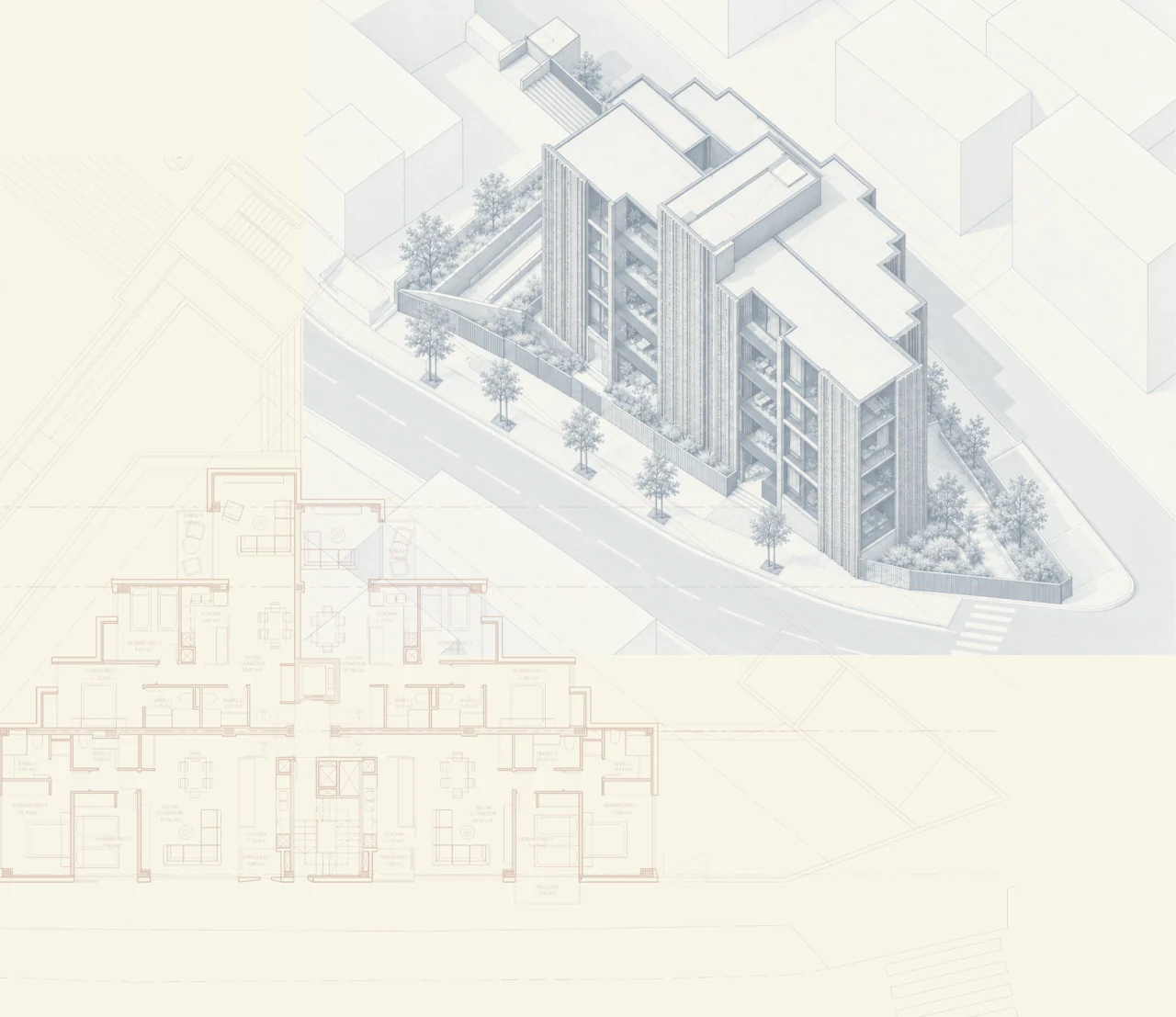 Floor plan and axonometric view of the building on its triangular plot