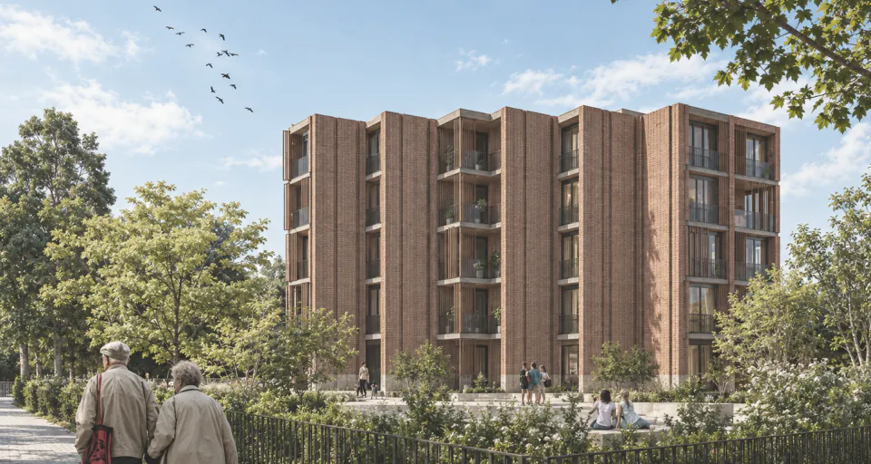 Render of the brick apartment building among trees, with an older couple walking past