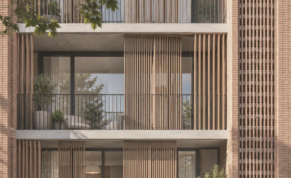 Façade detail with timber screens and balconies