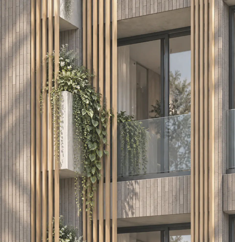 Corner balcony with planting behind timber slats