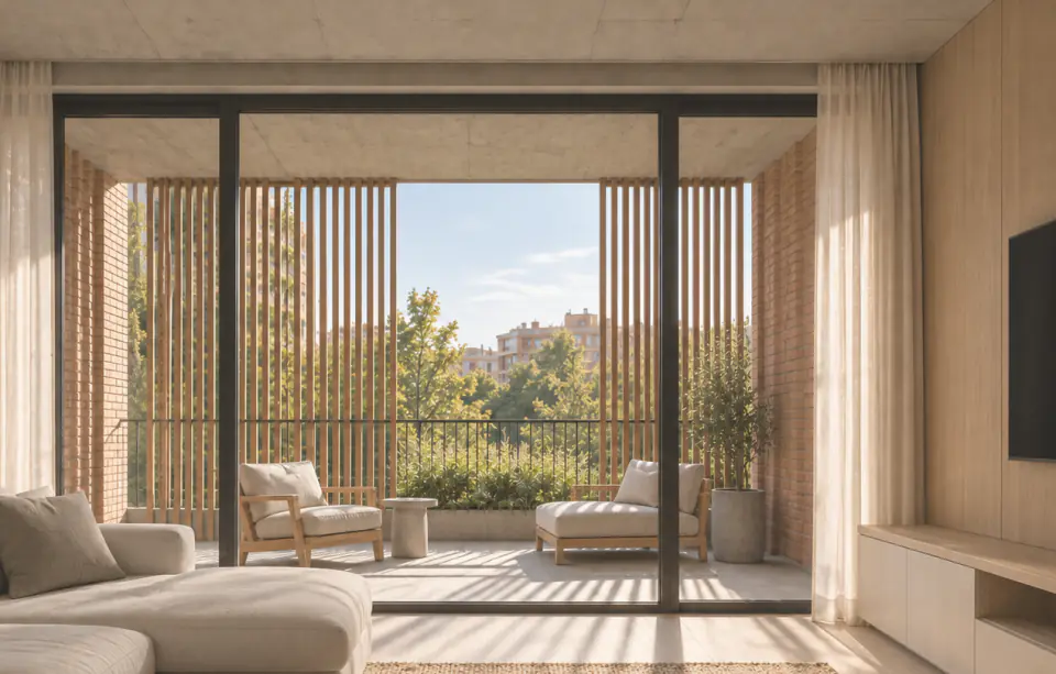 Living room opening onto a terrace through sliding glass doors