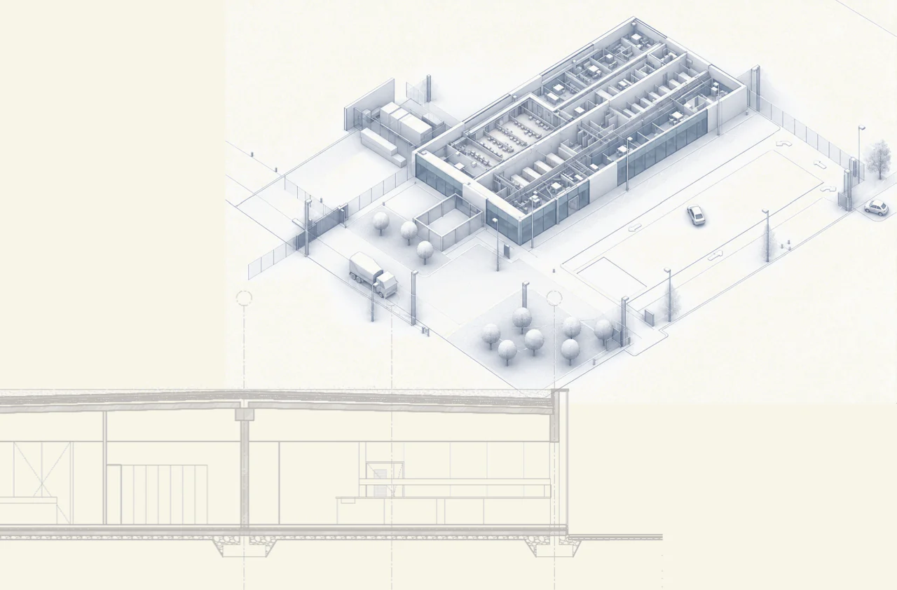 Section and axonometric view of the laboratory and office building