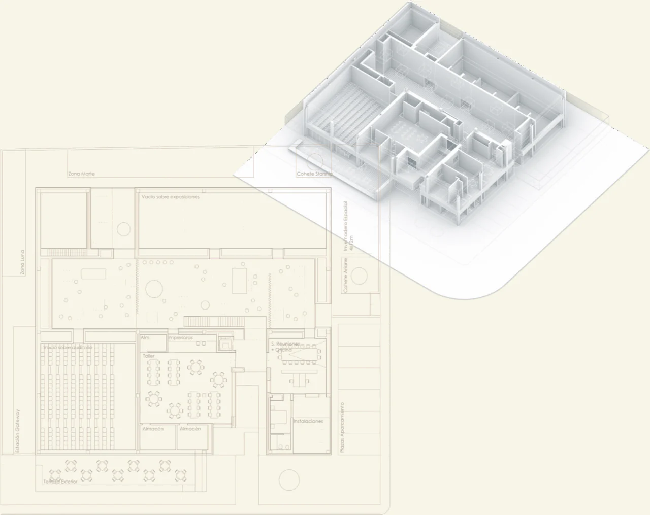 Floor plan and axonometric view of the converted warehouse