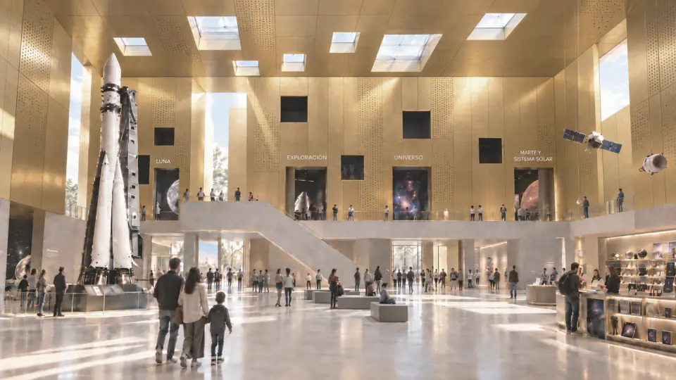 Grand exhibition hall with a rocket and roof lights