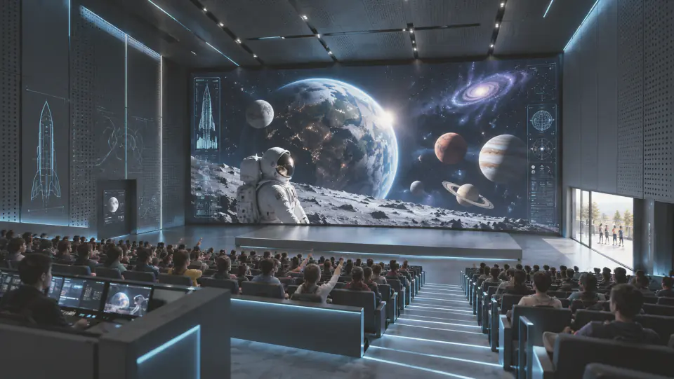 Auditorium facing a large screen showing planets