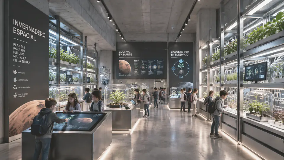 Space greenhouse exhibition with plants in illuminated cases